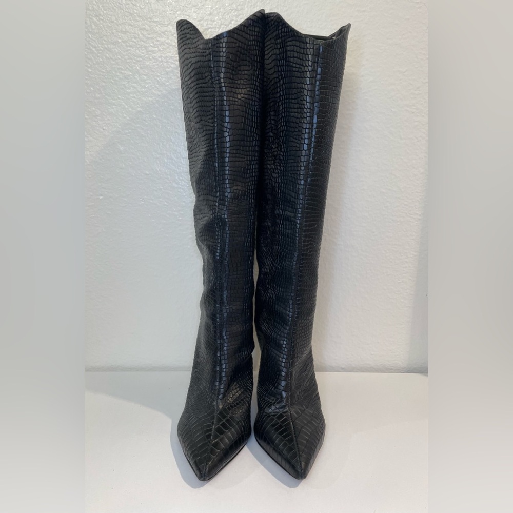 SCHUTZ Maryana Wide Croc Black Textured Heels Boots Size 8.5 - Picture 3 of 9